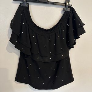 Charlotte Eskildsen off the shoulder black fringe top with jems